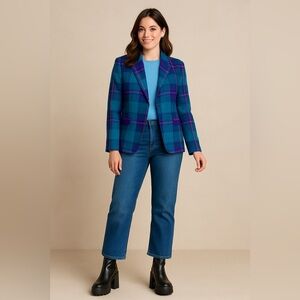 Vintage Tanner Sport Plaid Wool Blazer Size Large Fully Lined Purple Teal